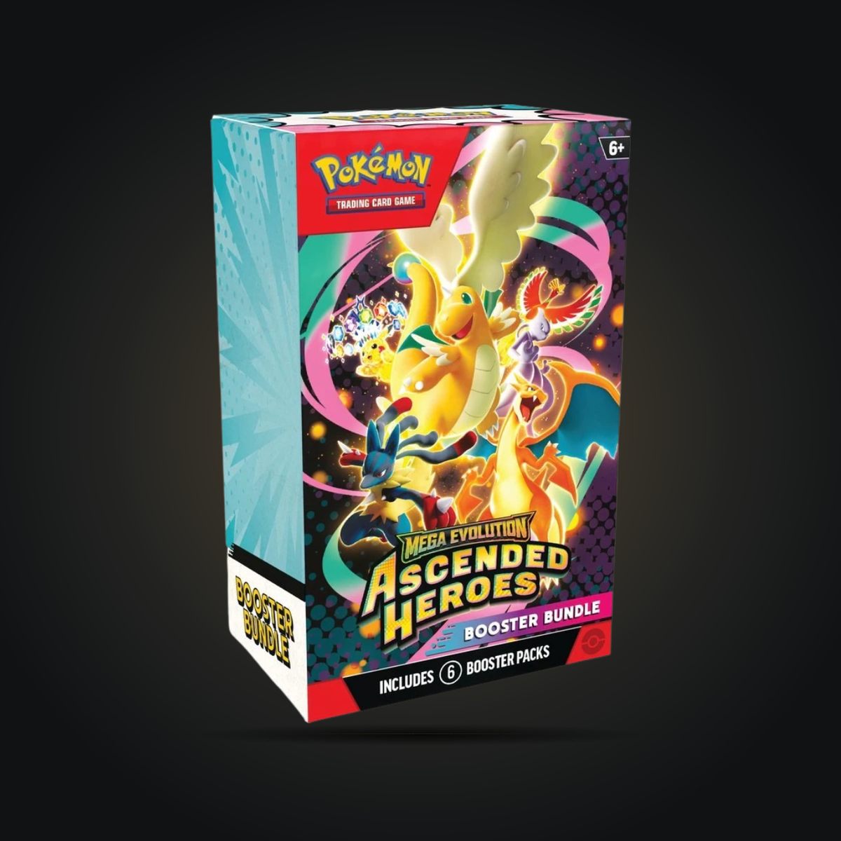 Pokémon TCG Ascended Heroes six-pack Booster Bundle box, front and side view.