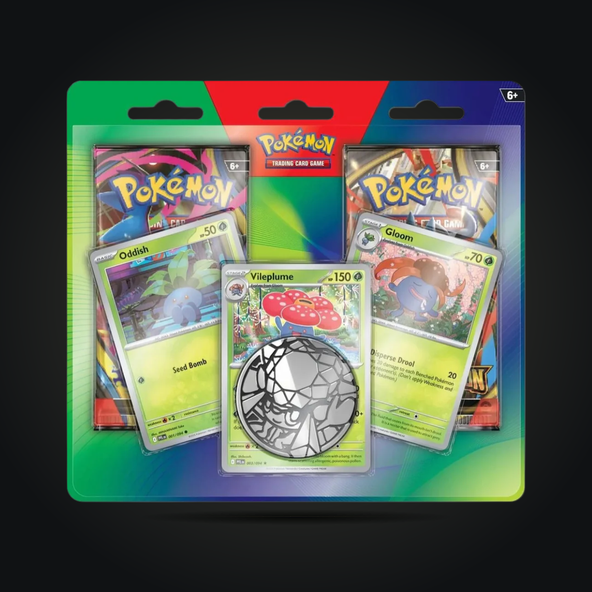 Pokémon TCG Mega Evolution Enhanced two-pack blister showing Oddish, Gloom and Vileplume promo cards and a coin.