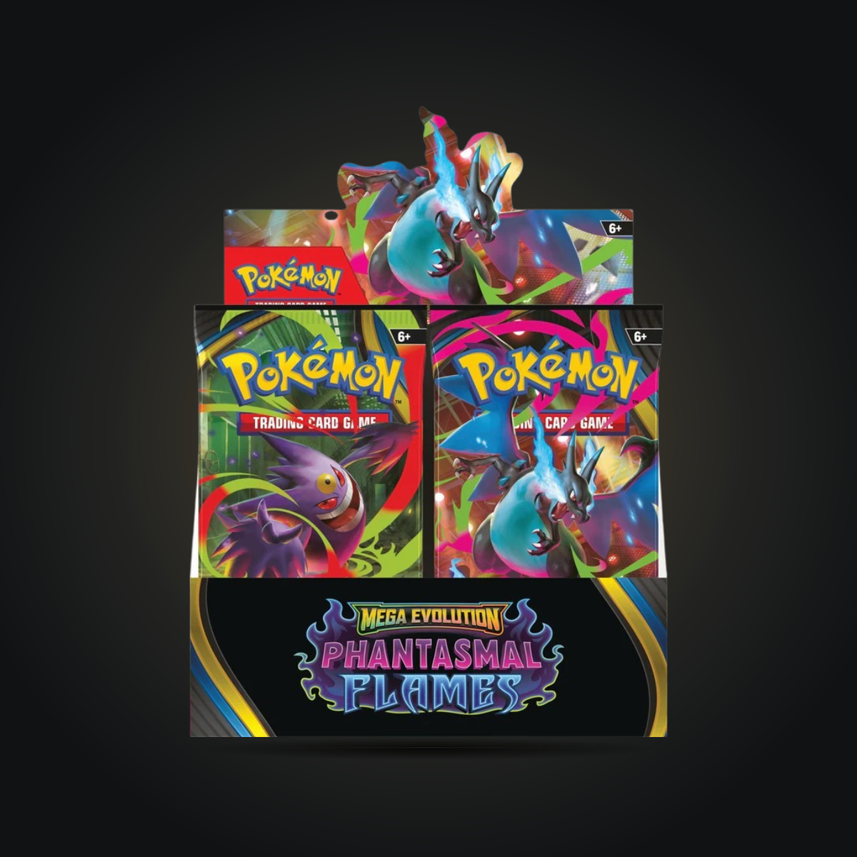 Open Pokémon TCG Mega Evolution Phantasmal Flames 36-pack Booster Display Box with Mega Gengar and Mega Charizard X artwork