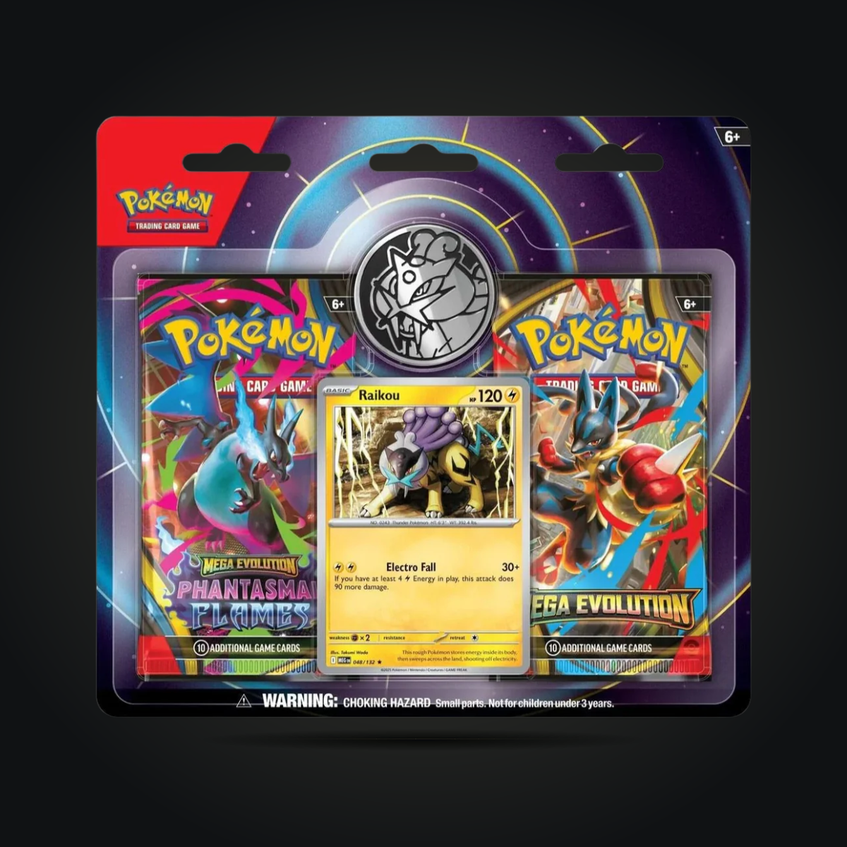Raikou 3-tab blister with foil card, metallic coin, one Mega Evolution pack, and one Phantasmal Flames pack