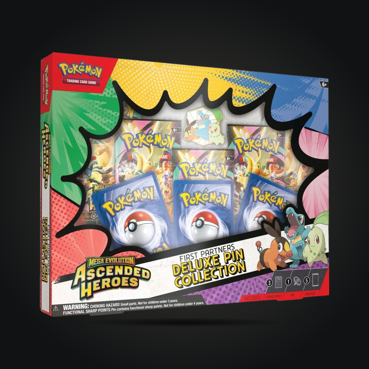 Pokémon TCG Ascended Heroes First Partners Deluxe Pin Collection box showing booster packs and the pin through the front window.