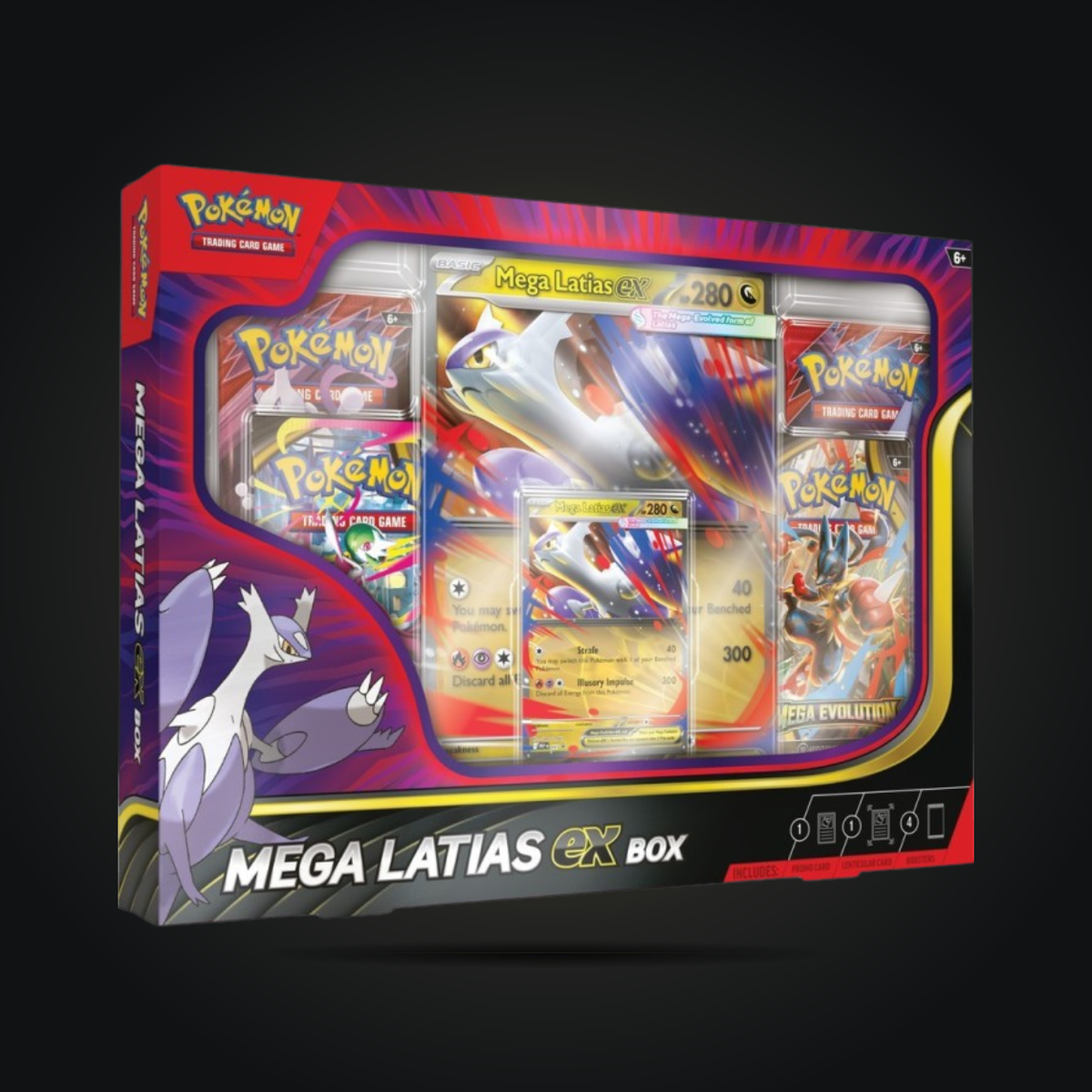 Pokémon TCG Mega Latias ex collection box showing booster packs and promo cards through the front window.
