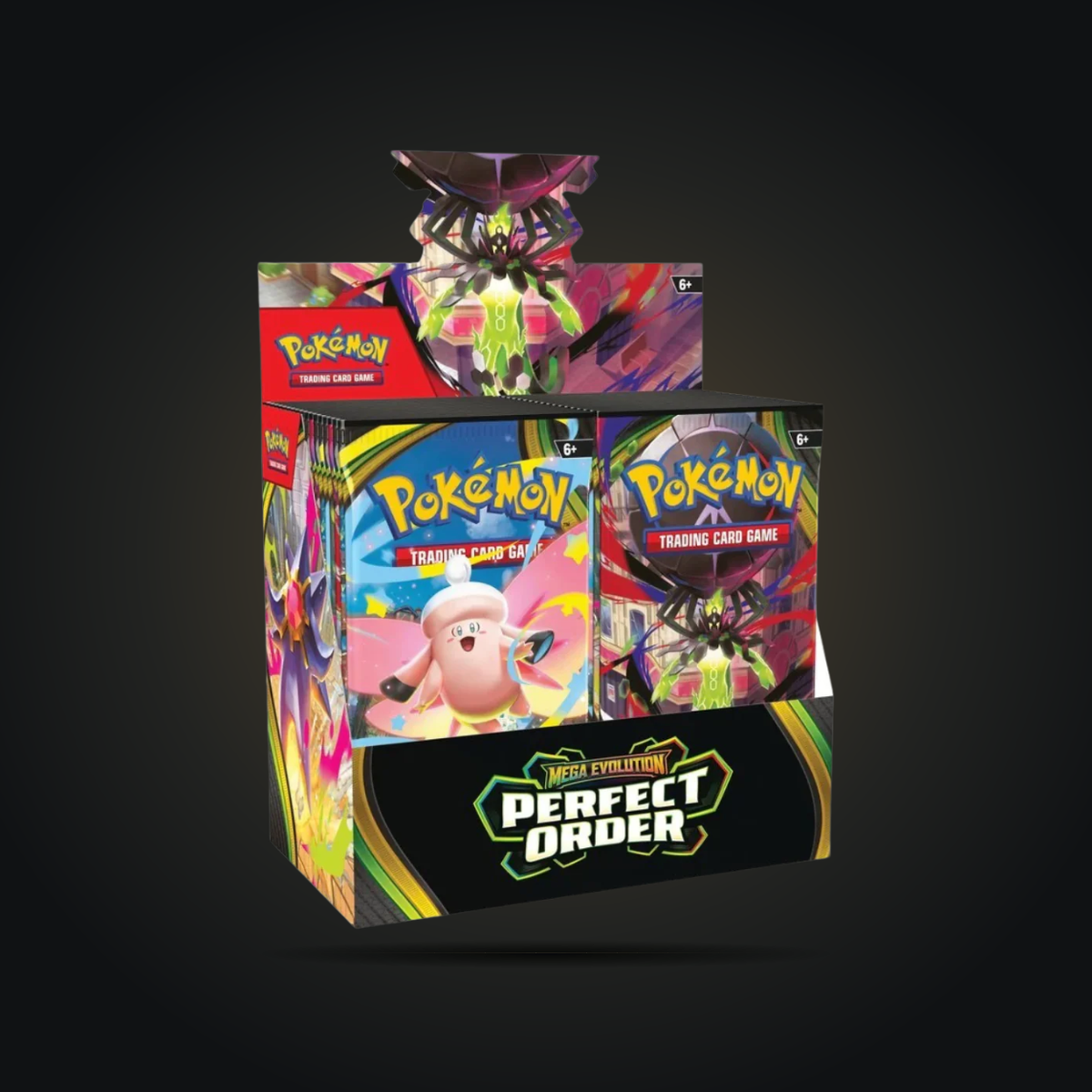 Open Pokémon TCG Mega Evolution Perfect Order 36-pack Booster Display Box with Mega Zygarde and Mega Clefable artwork