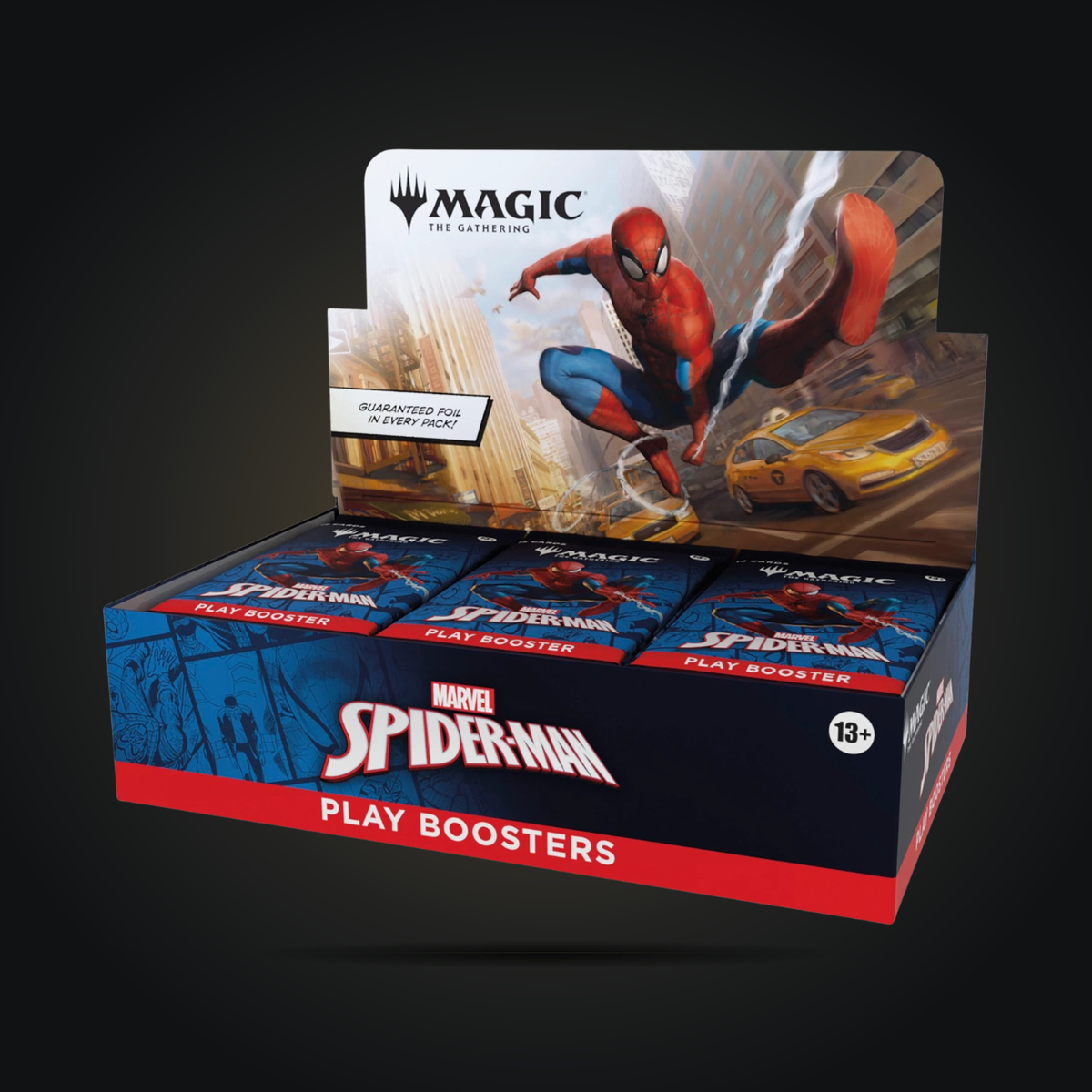 Magic: The Gathering Marvel’s Spider-Man open Play Booster display box with packs inside.