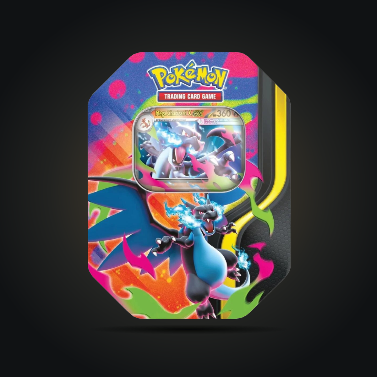 Pokémon TCG Mega Charizard X ex Tin, front view with promo card visible through the window.