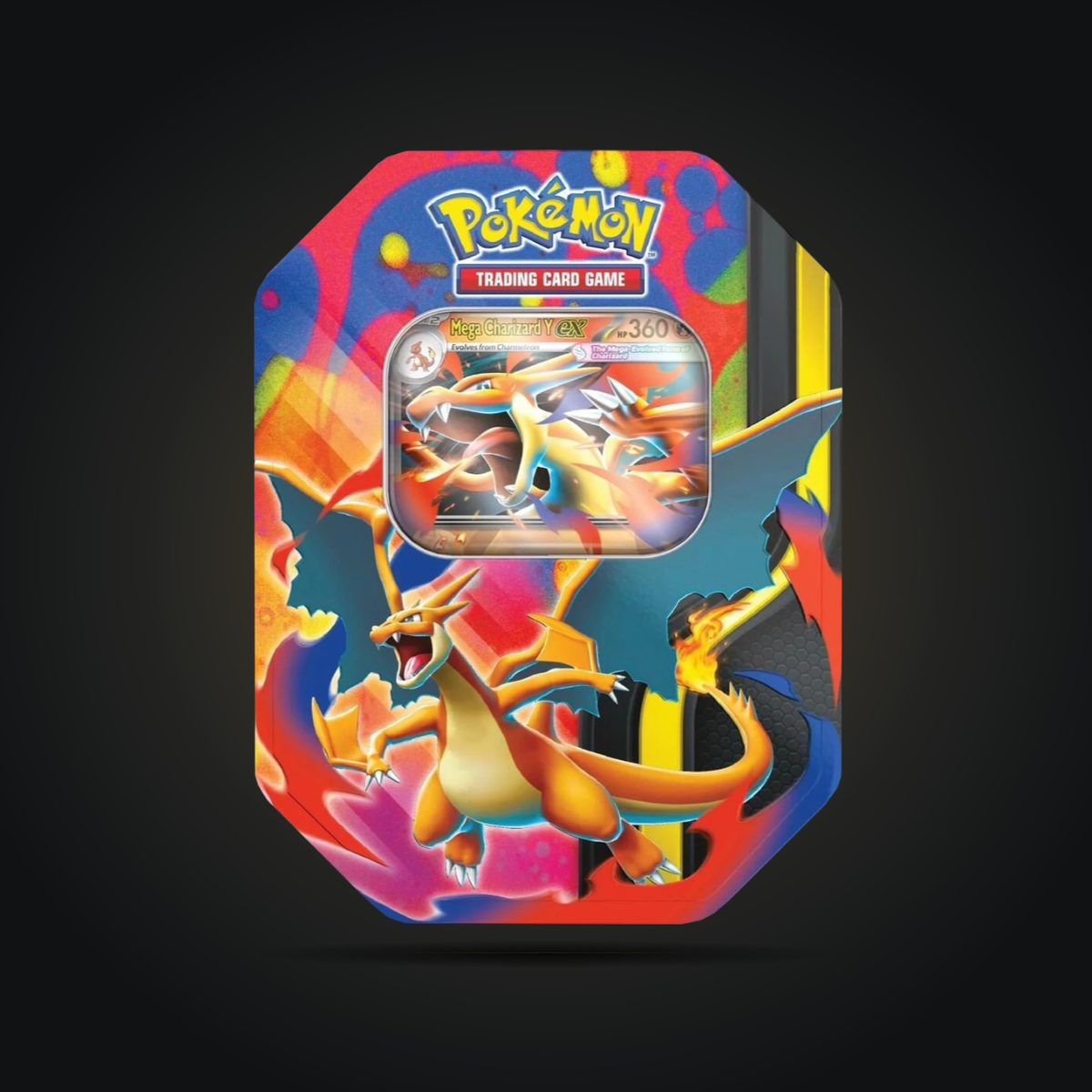Pokémon TCG Mega Charizard Y ex Tin, front view with promo card visible through the window.