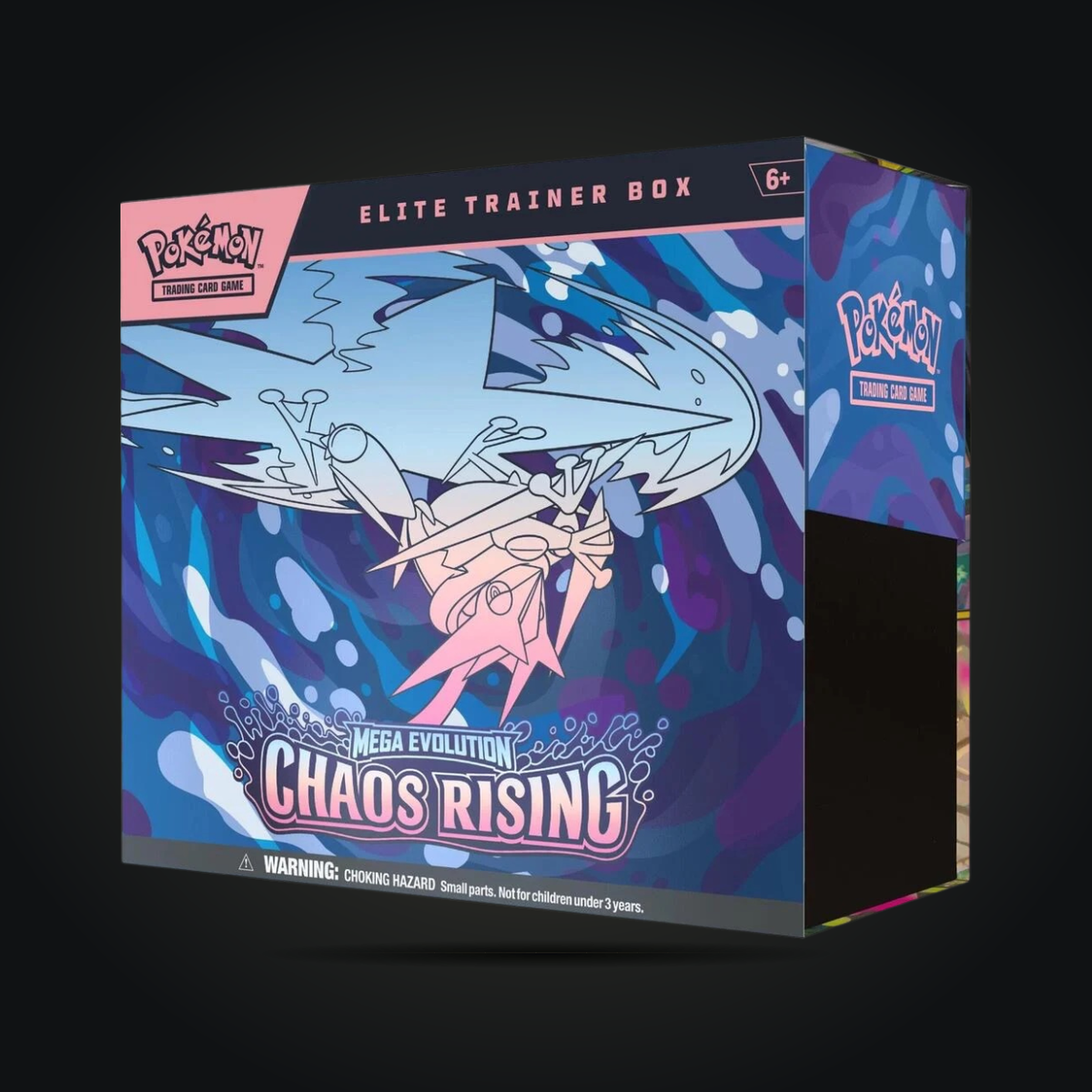 Pokémon TCG Mega Evolution Chaos Rising Elite Trainer Box in blue and pink packaging