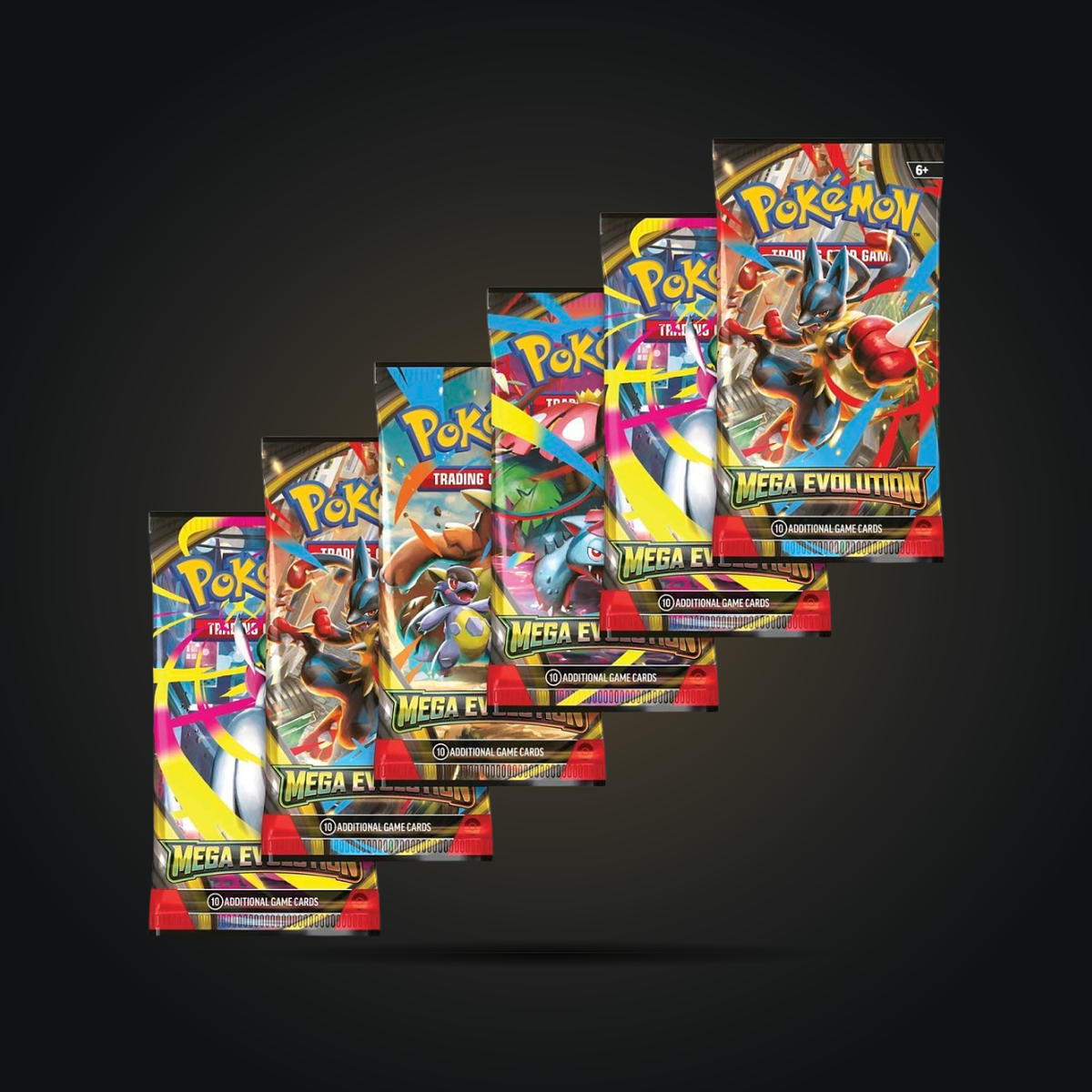 Six Pokémon TCG Mega Evolution booster packs showing assorted wrapper designs.