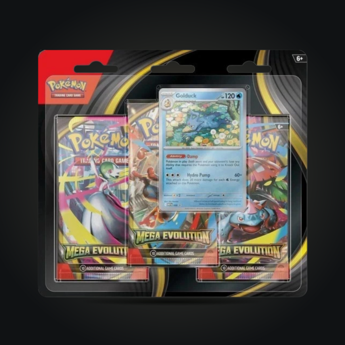 Pokémon TCG Mega Evolution three-pack blister with a Golduck promo card, front view.