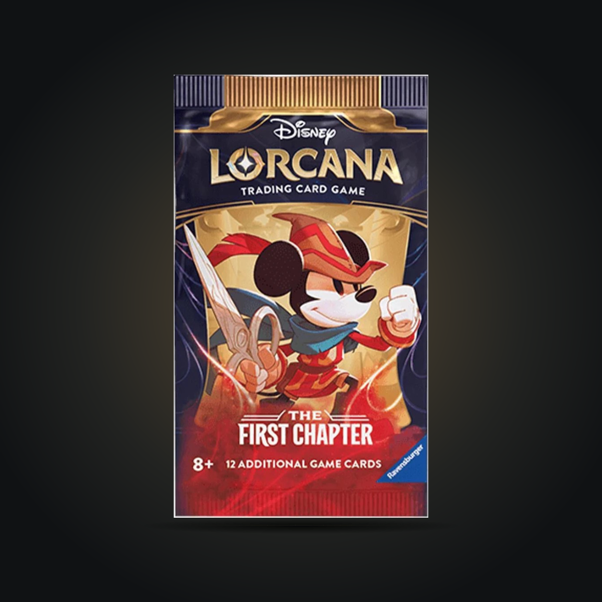 Disney Lorcana The First Chapter booster pack with Mickey Mouse artwork, front view.
