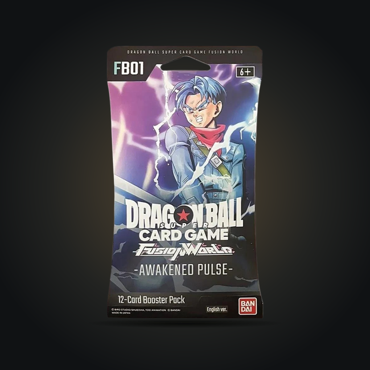 Dragon Ball Super Fusion World Awakened Pulse FB01 sleeved booster pack with Trunks artwork, front view.