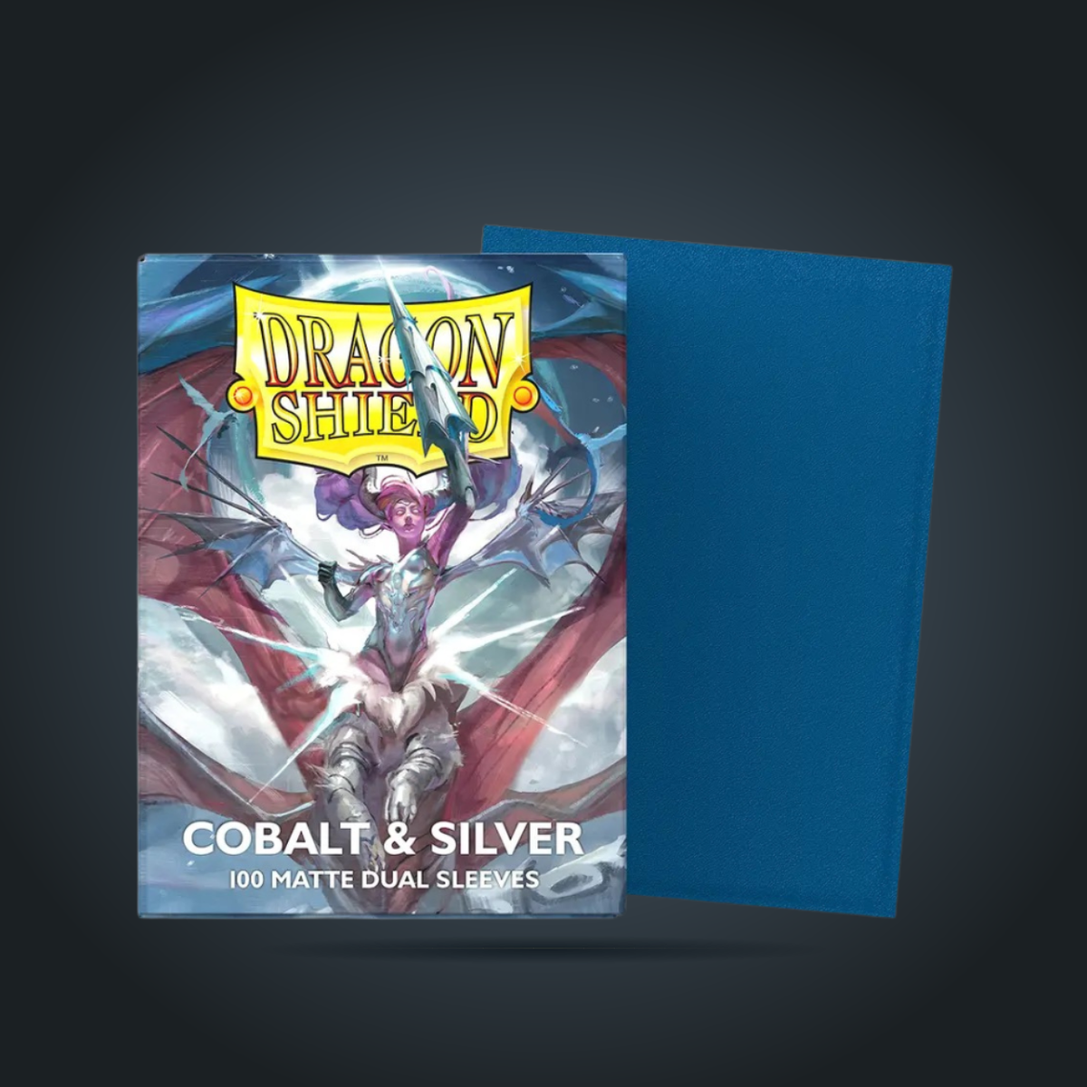 Dragon Shield Matte Dual Cobalt & Silver standard-size card sleeves, 100-count box