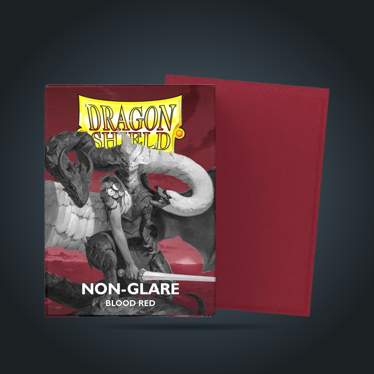 Dragon Shield Non-Glare Matte Blood Red card sleeve box shown beside red sleeves.