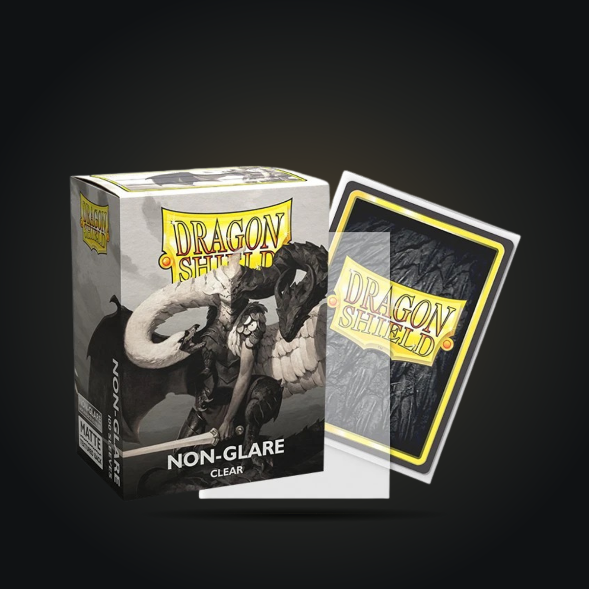 Dragon Shield Non-Glare Matte Clear card sleeve box shown beside a clear sleeve and sample card.