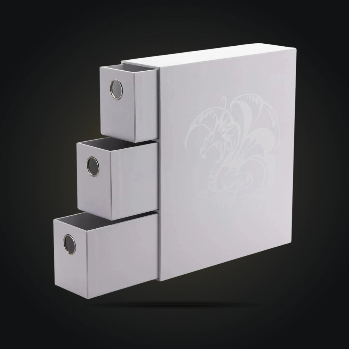 Dragon Shield Fortress Card Drawers in white, with three drawers partially open