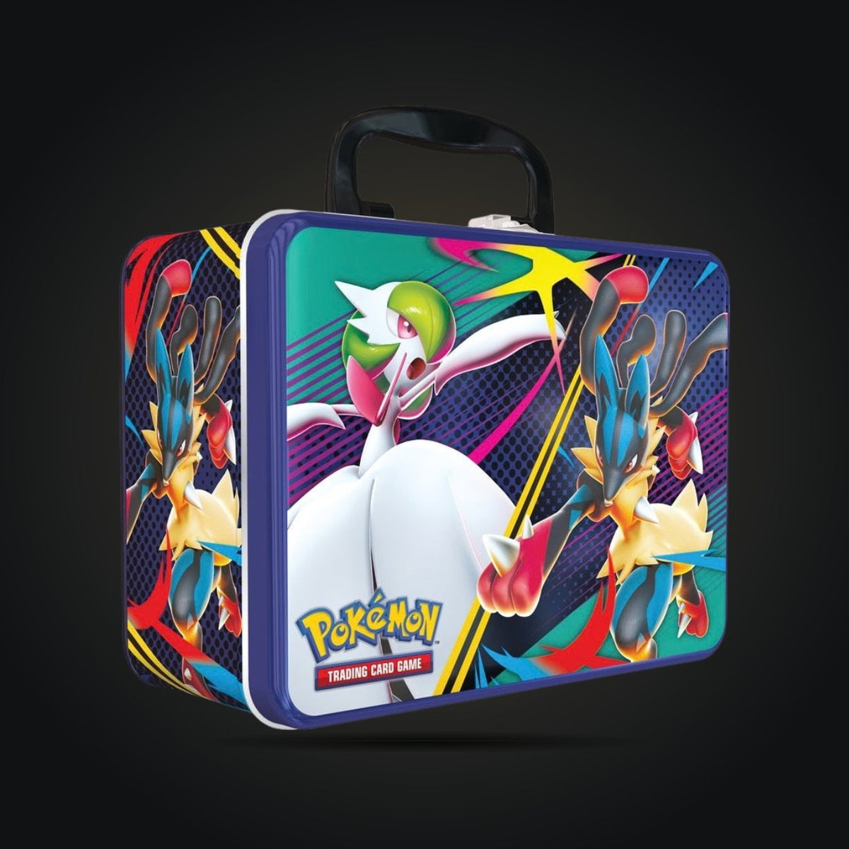 Pokémon TCG Fall 2025 Collector Chest with Mega Gardevoir and Mega Lucario artwork, front and side view.
