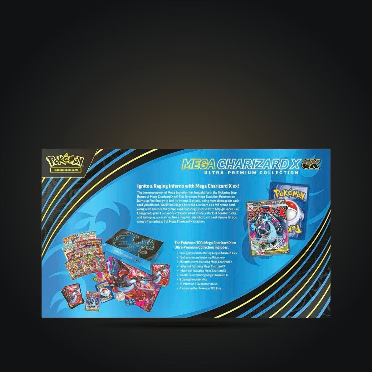 Pokémon TCG Mega Charizard X ex Ultra-Premium Collection box, back view with contents pictured.