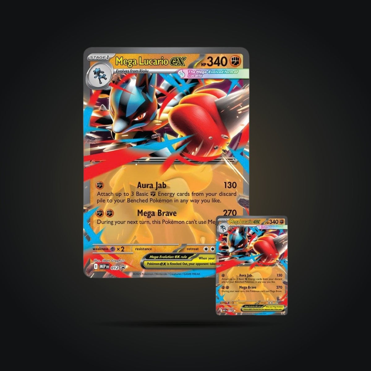Standard-size and oversized Mega Lucario ex promo cards from the Pokémon TCG Figure Collection.