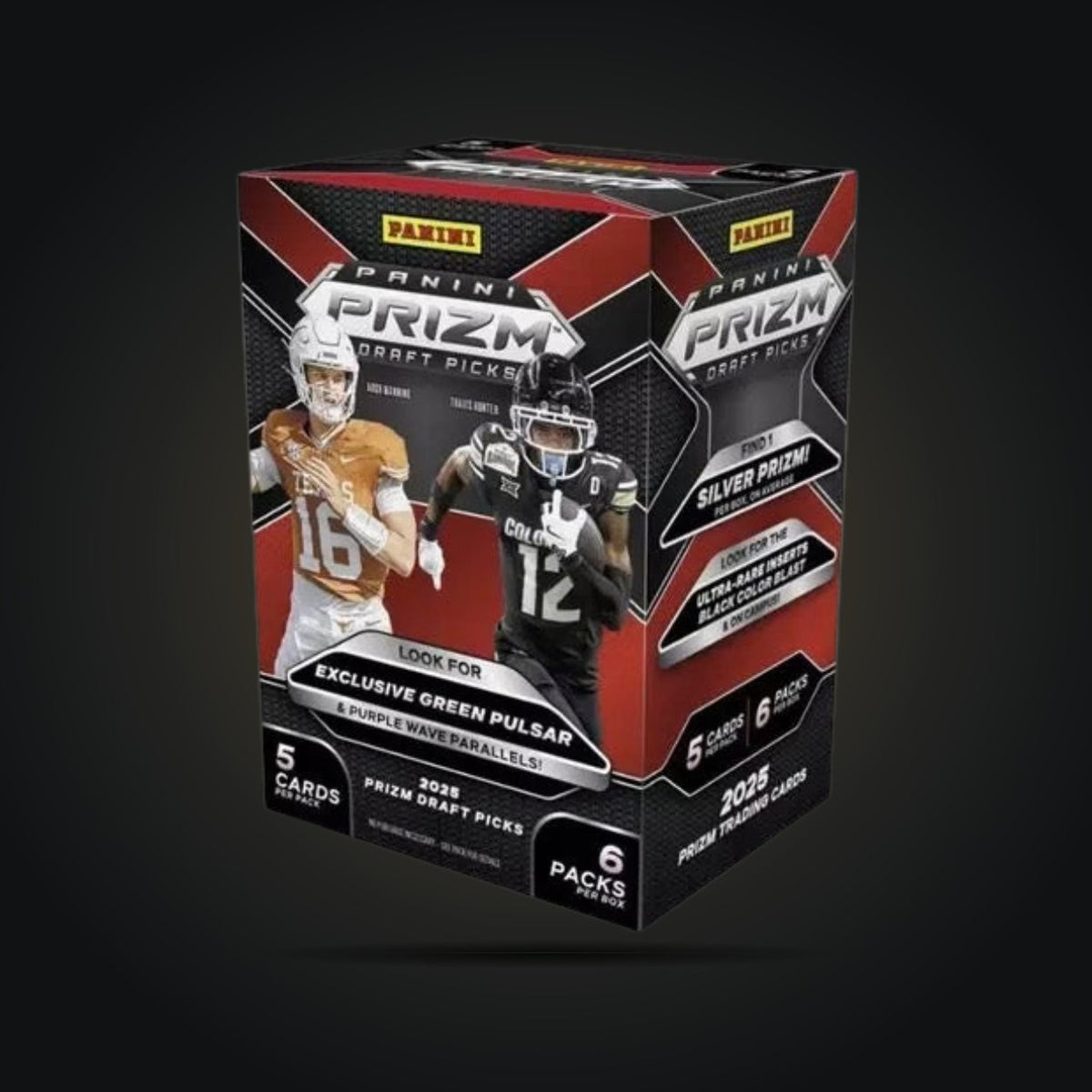 2025 Panini Prizm Draft Picks Football Blaster Box, front and side view.