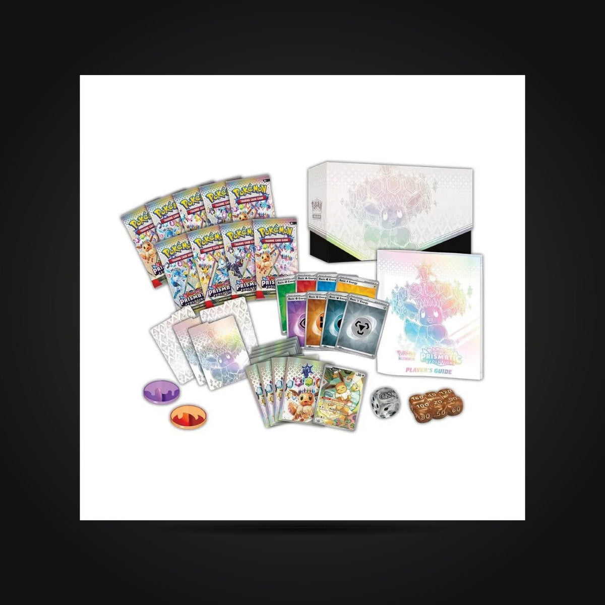 Prismatic Evolutions Elite Trainer Box contents with nine booster packs, Eevee promo, sleeves and accessories