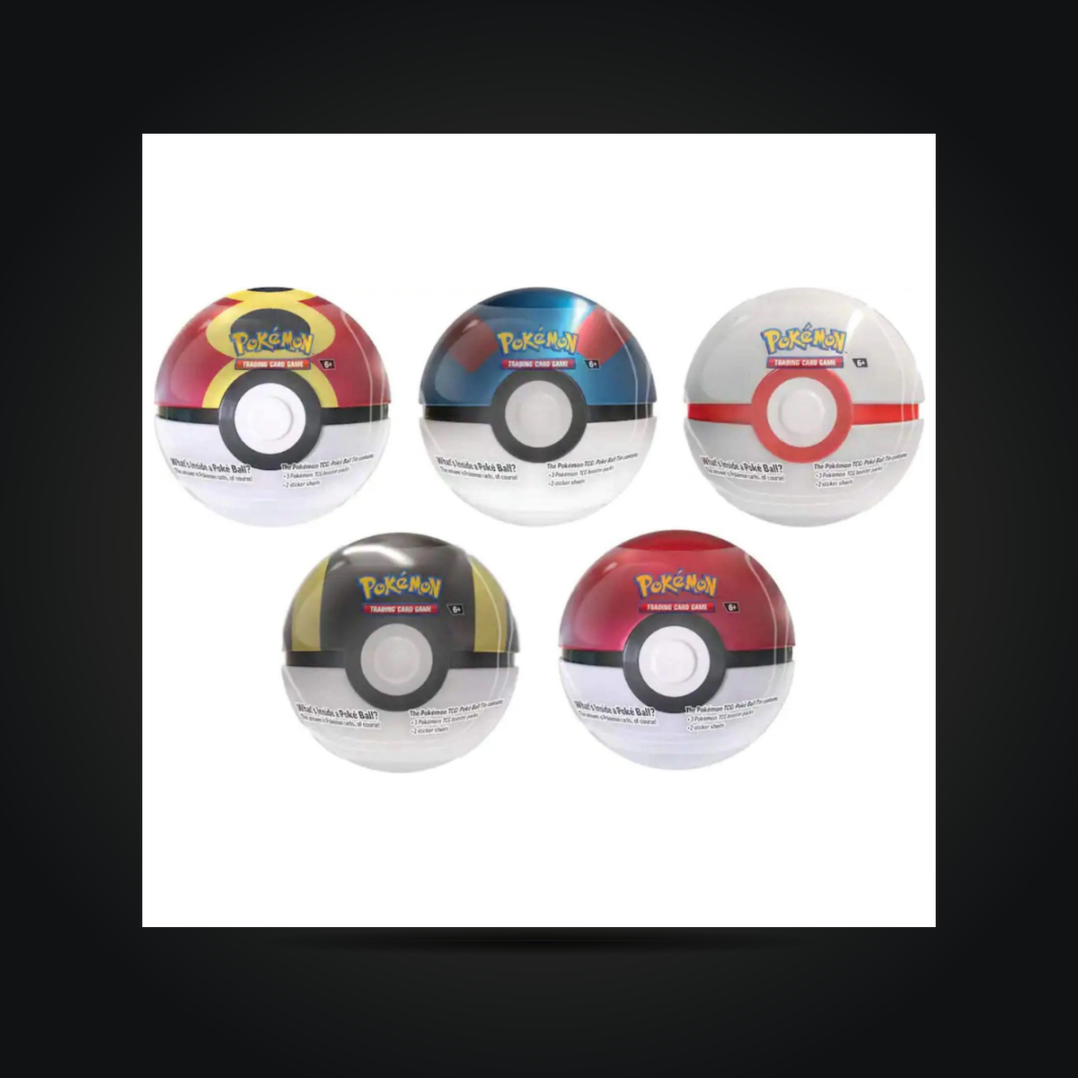 Five possible Pokémon TCG Poké Ball Tin styles shown; one random Q4 2025 tin per order
