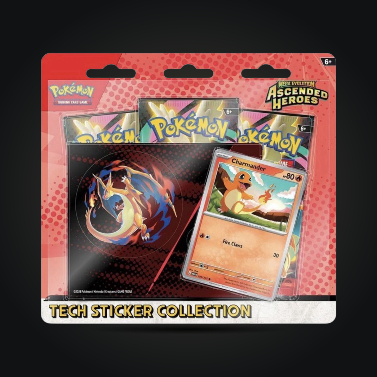 Pokémon TCG Ascended Heroes Tech Sticker Collection with Charmander promo card and Mega Charizard sticker, front view.
