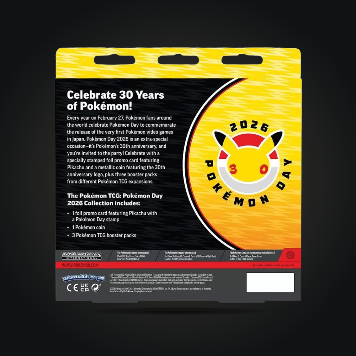 Pokémon TCG Pokémon Day 2026 Collection packaging, back view with 30th anniversary logo and contents information.