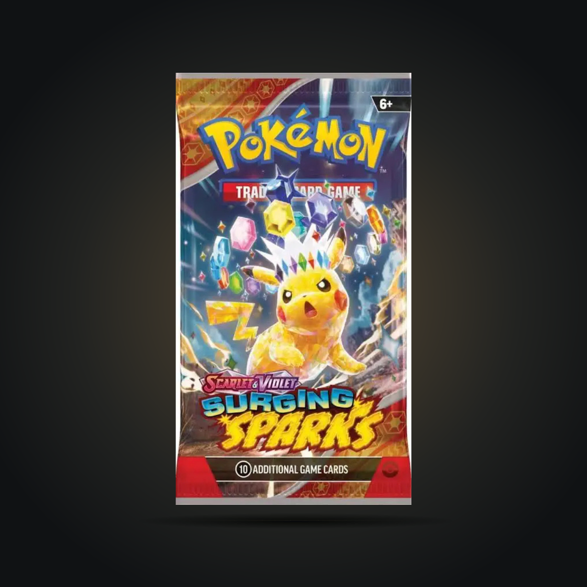 Pokémon TCG: Scarlet & Violet—Surging Sparks Booster Pack — pack front with Pikachu artwork
