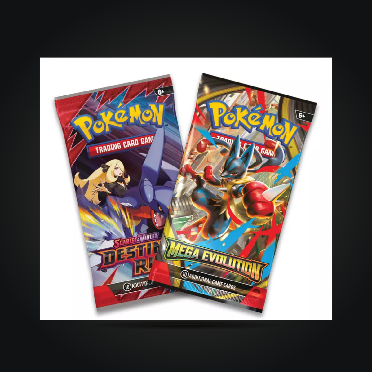 Pokémon TCG Destined Rivals and Mega Evolution booster packs shown side by side.