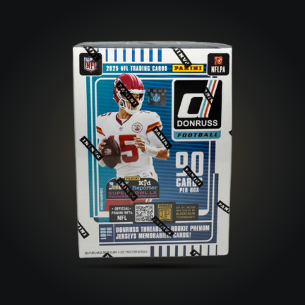2025 Panini Donruss Football Blaster Box with Patrick Mahomes pictured on the front.