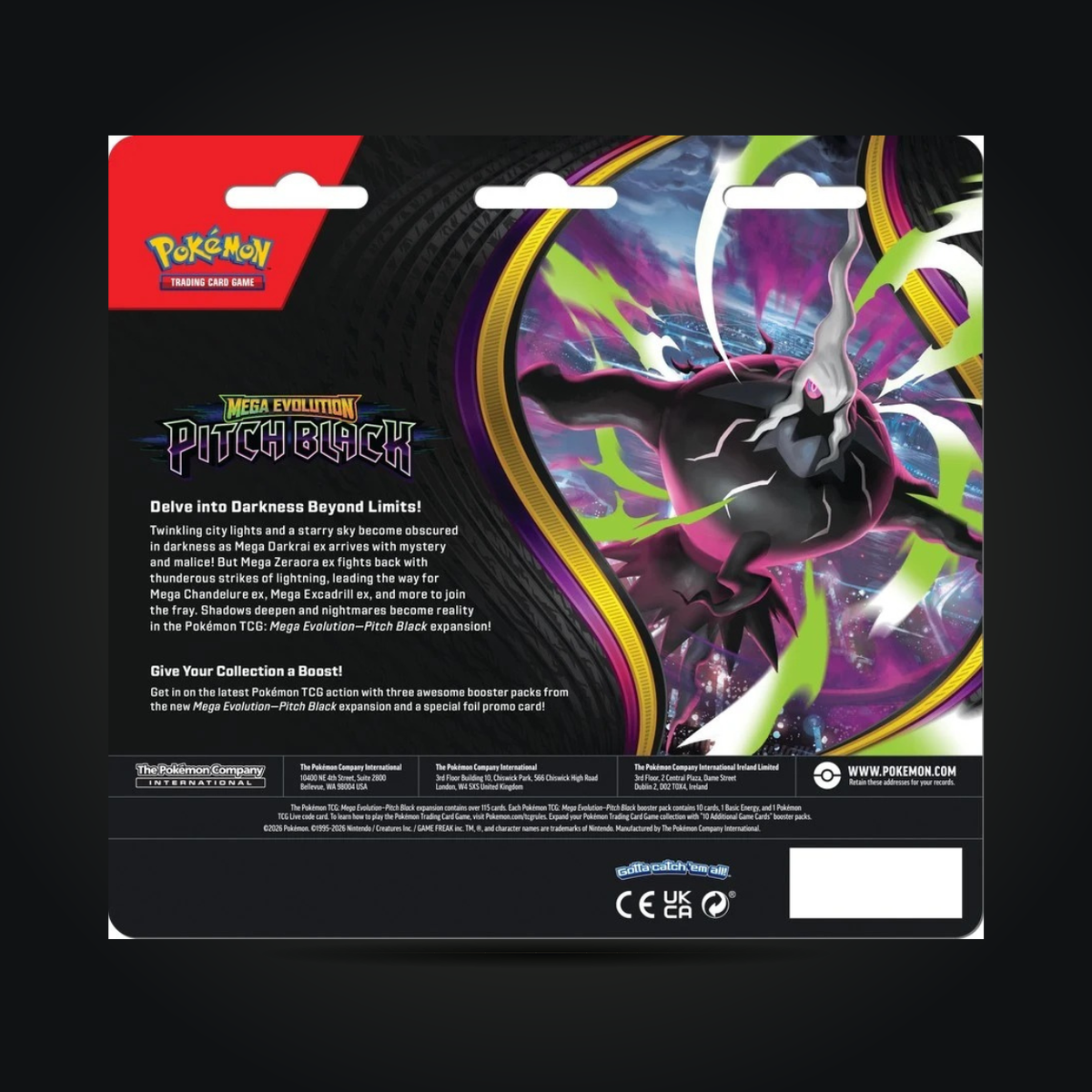 Back of Pokémon TCG Pitch Black 3-Pack Blister with Mega Darkrai artwork and product information
