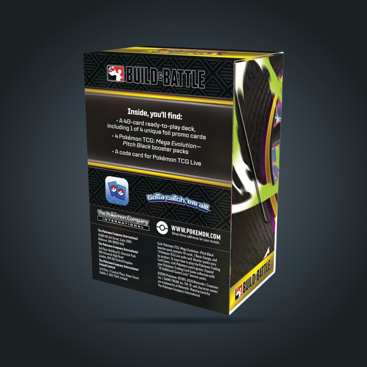 Back of Pokémon TCG Mega Evolution Pitch Black Build & Battle Box showing contents information