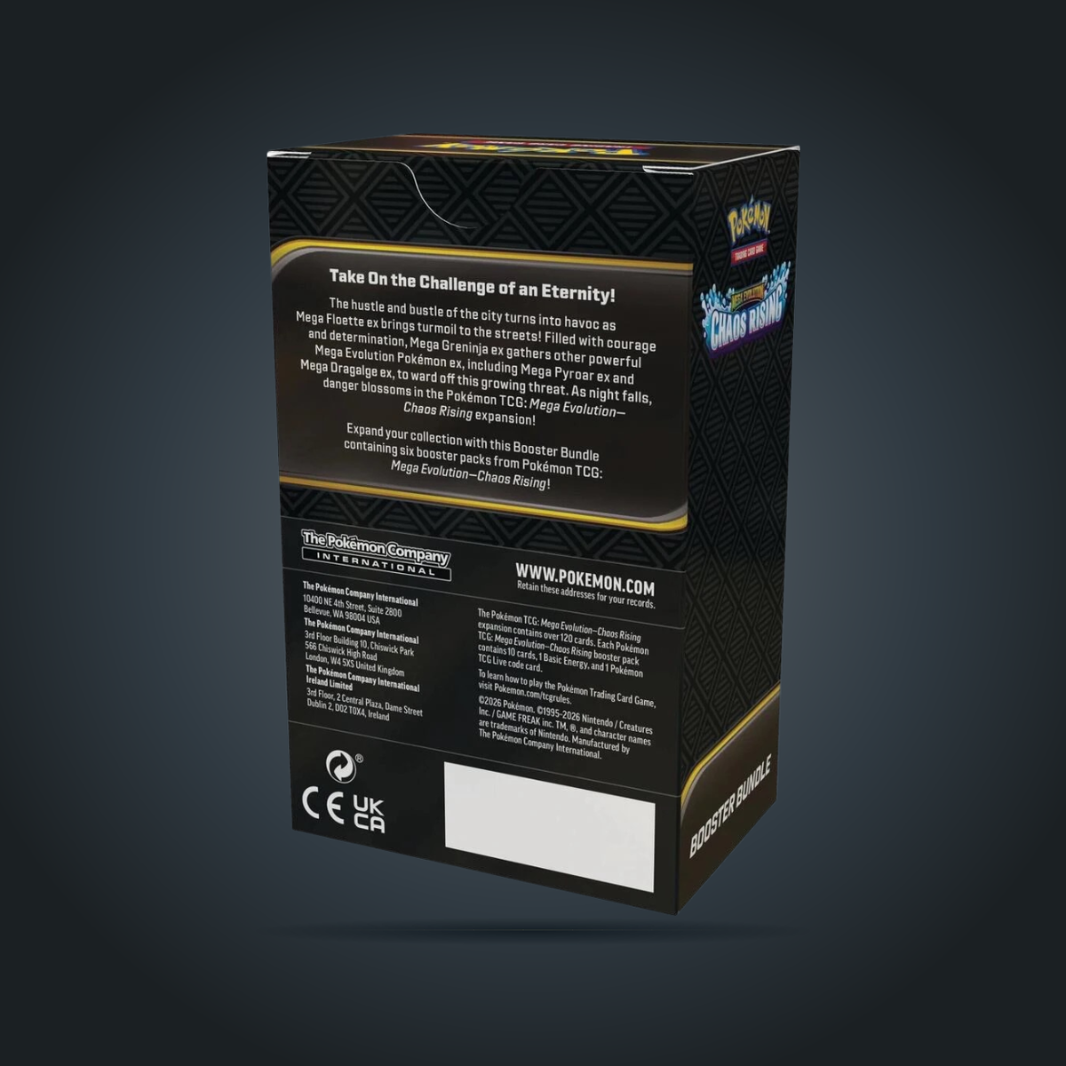 Back of Pokémon TCG Mega Evolution Chaos Rising Booster Bundle showing product details