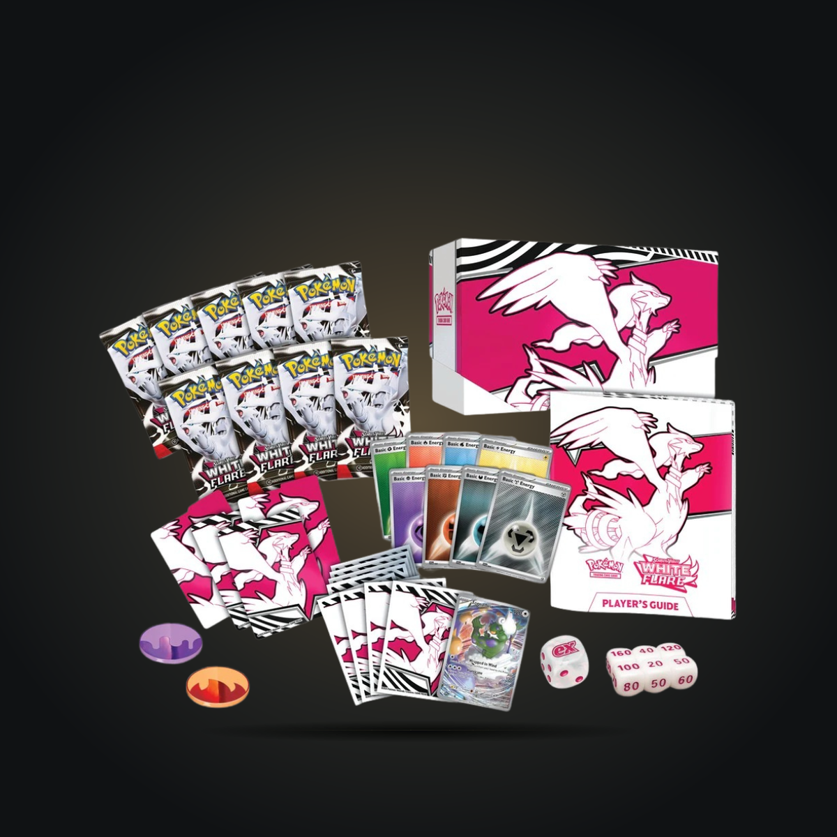 Pokémon TCG: Scarlet & Violet—White Flare Elite Trainer Box — box, booster packs and accessories arranged together