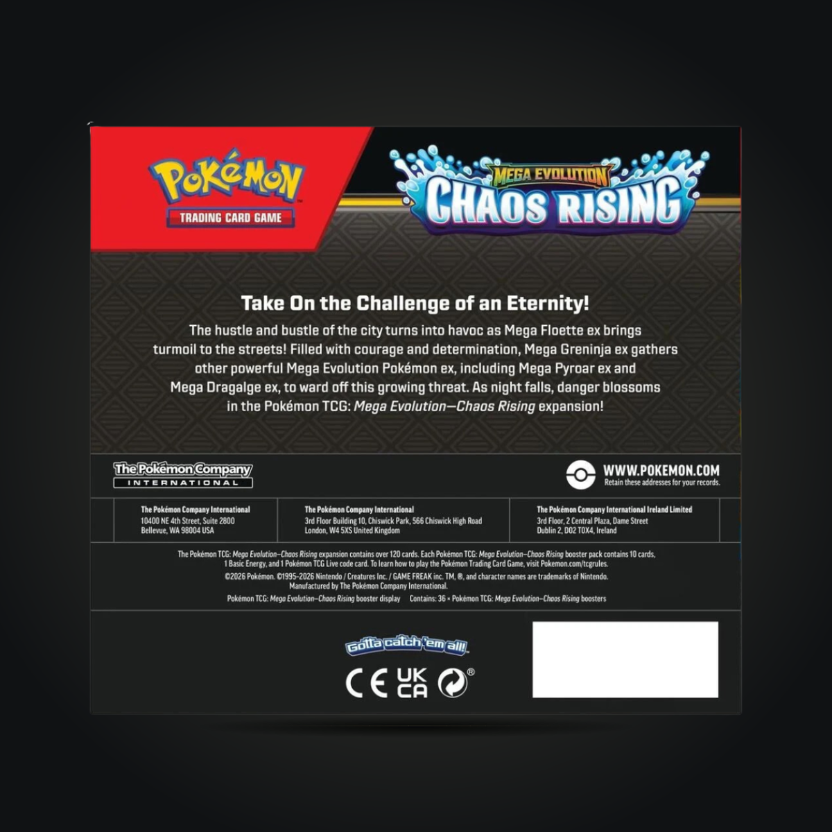 Back of Pokémon TCG Mega Evolution Chaos Rising Booster Display Box showing expansion details