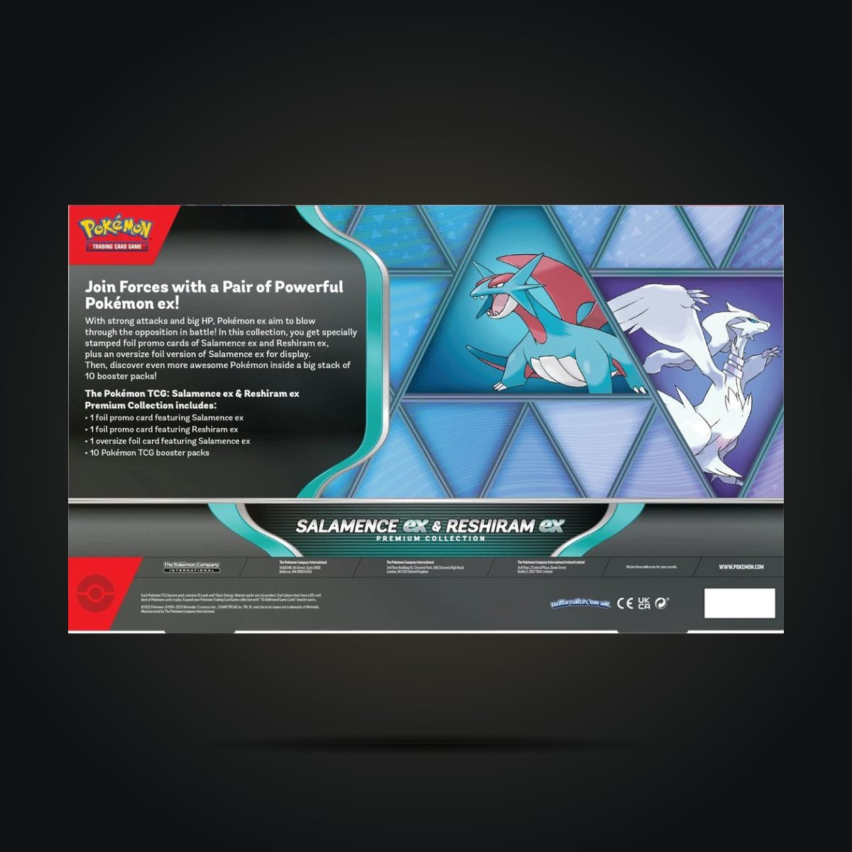 Pokémon TCG Salamence ex and Reshiram ex Premium Collection box, back view with contents information.