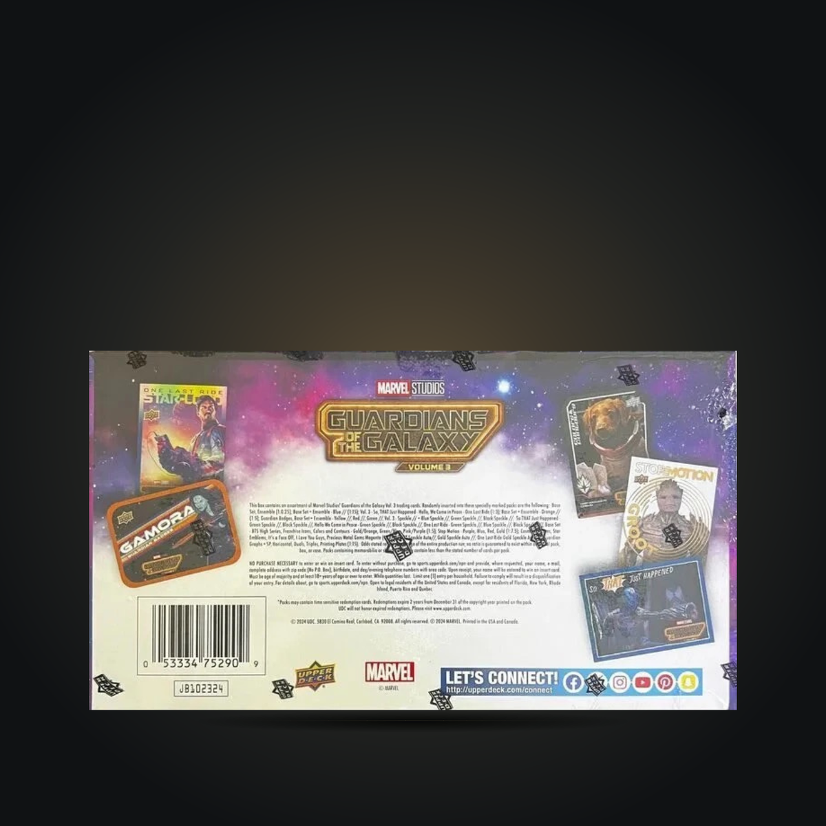Back of Upper Deck Guardians of the Galaxy Vol. 3 Hobby Box with sample cards and UPC 053334752909