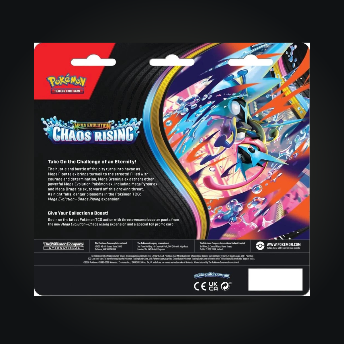 Back of Pokémon TCG Mega Evolution Chaos Rising 3-Pack Blister with Mega Greninja artwork and product details