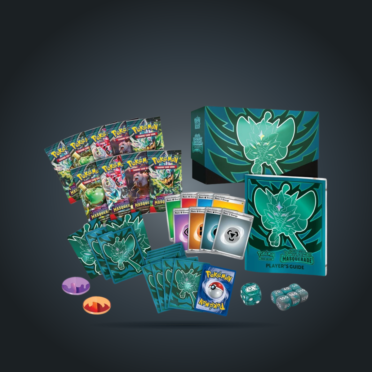 Pokémon TCG: Scarlet & Violet—Twilight Masquerade Elite Trainer Box — box, booster packs, cards and accessories arranged together