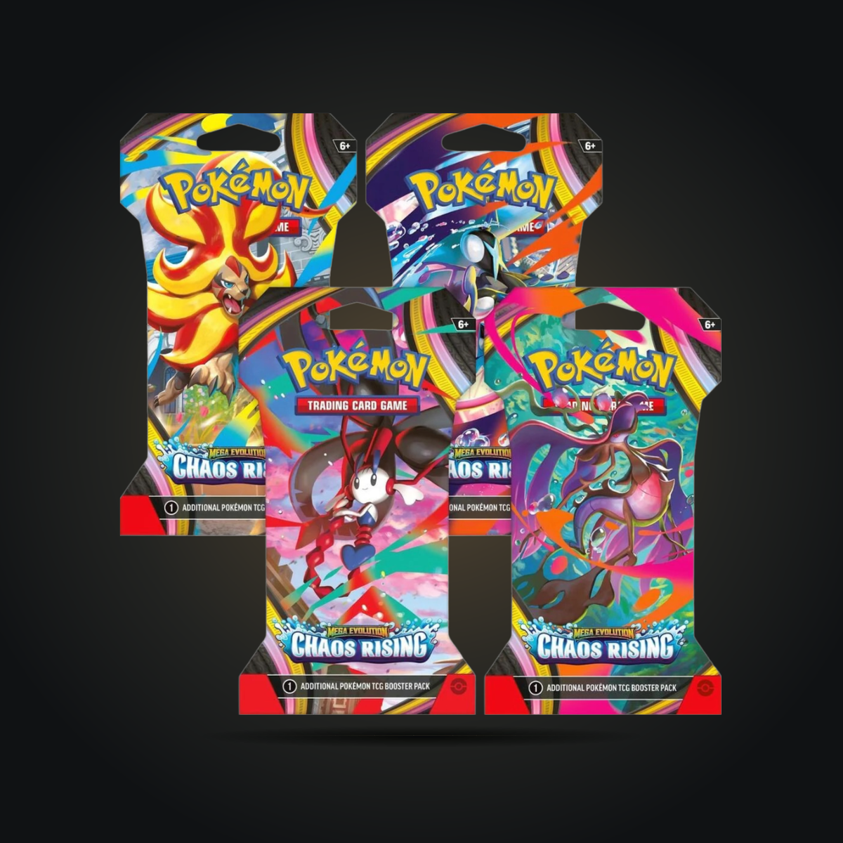 Four Pokémon TCG Chaos Rising sleeved booster art designs: Mega Pyroar, Mega Greninja, Mega Floette, and Mega Dragalge