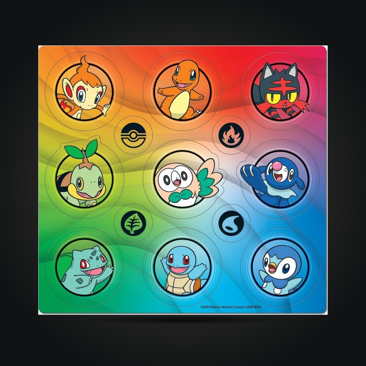 Pokémon TCG First Partner Illustration Collection Series 1 sticker sheet with nine starter Pokémon designs.