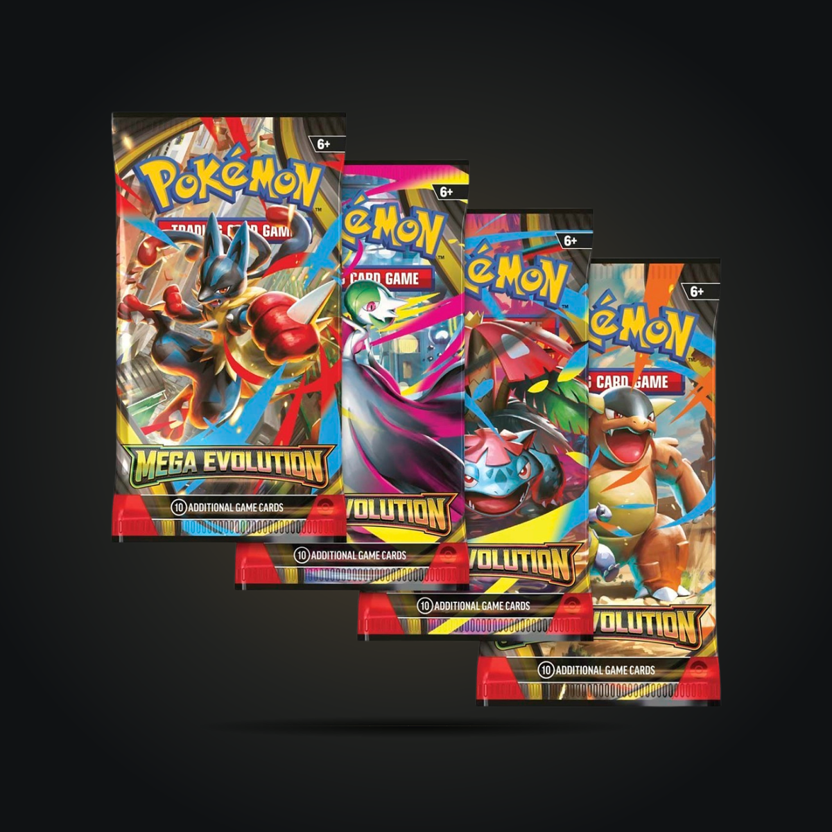 Four Pokémon TCG Mega Evolution booster packs showing the different wrapper designs.