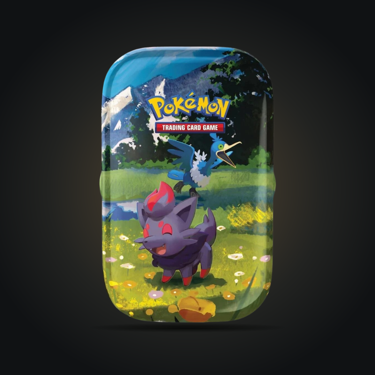 Pokémon TCG Ascended Heroes Mini Tin with Zorua and Murkrow artwork, front view.