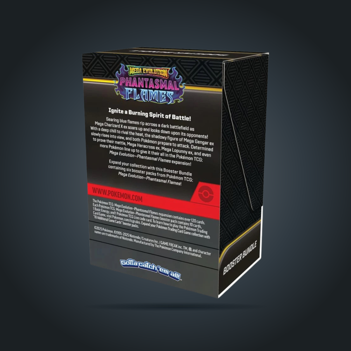 Back of Pokémon TCG Mega Evolution Phantasmal Flames six-pack Booster Bundle packaging