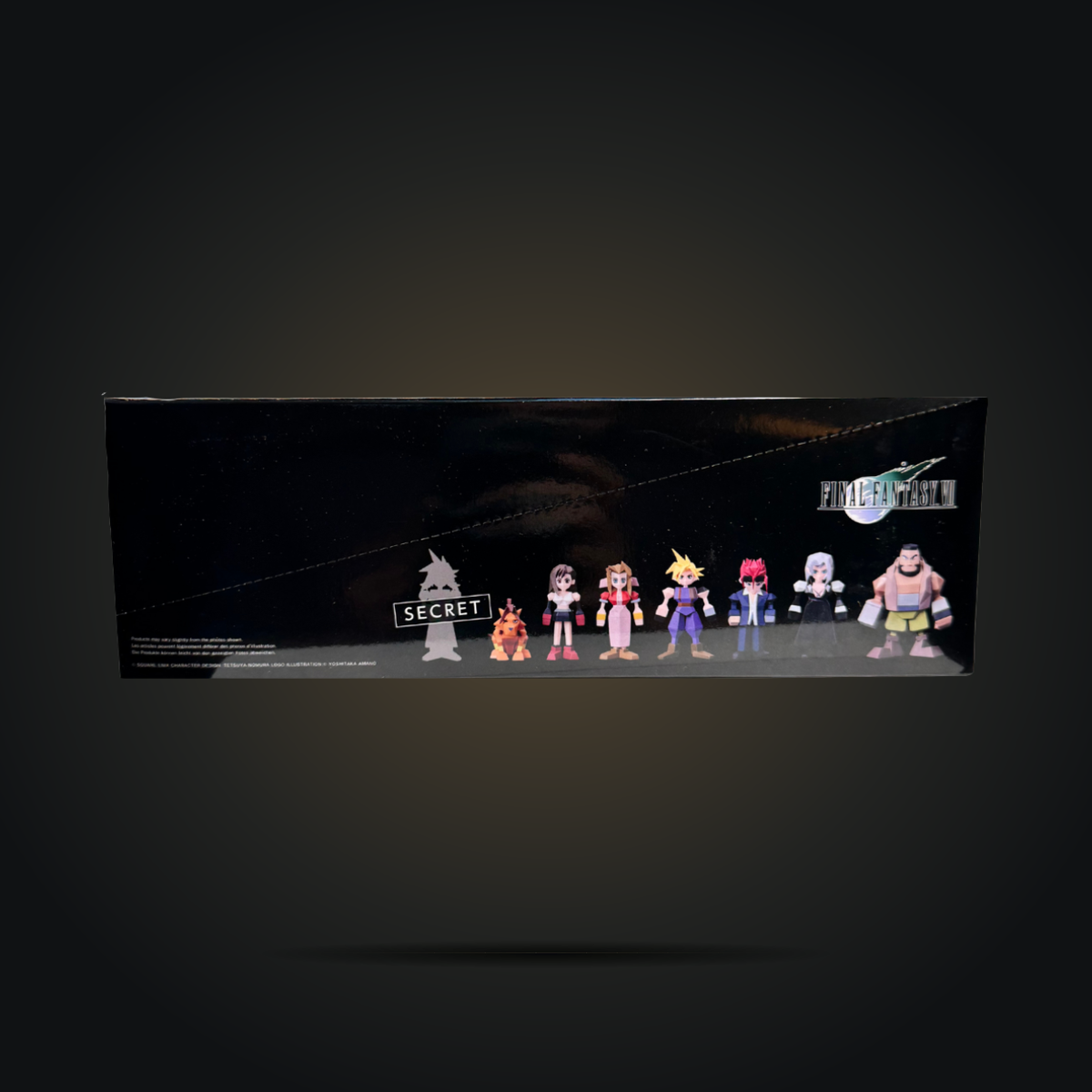 FINAL FANTASY VII Polygon Figure Vol. 1 packaging panel showing the character lineup and secret figure silhouette.