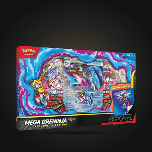Pokémon TCG Mega Greninja ex Premium Collection retail box with eight booster packs