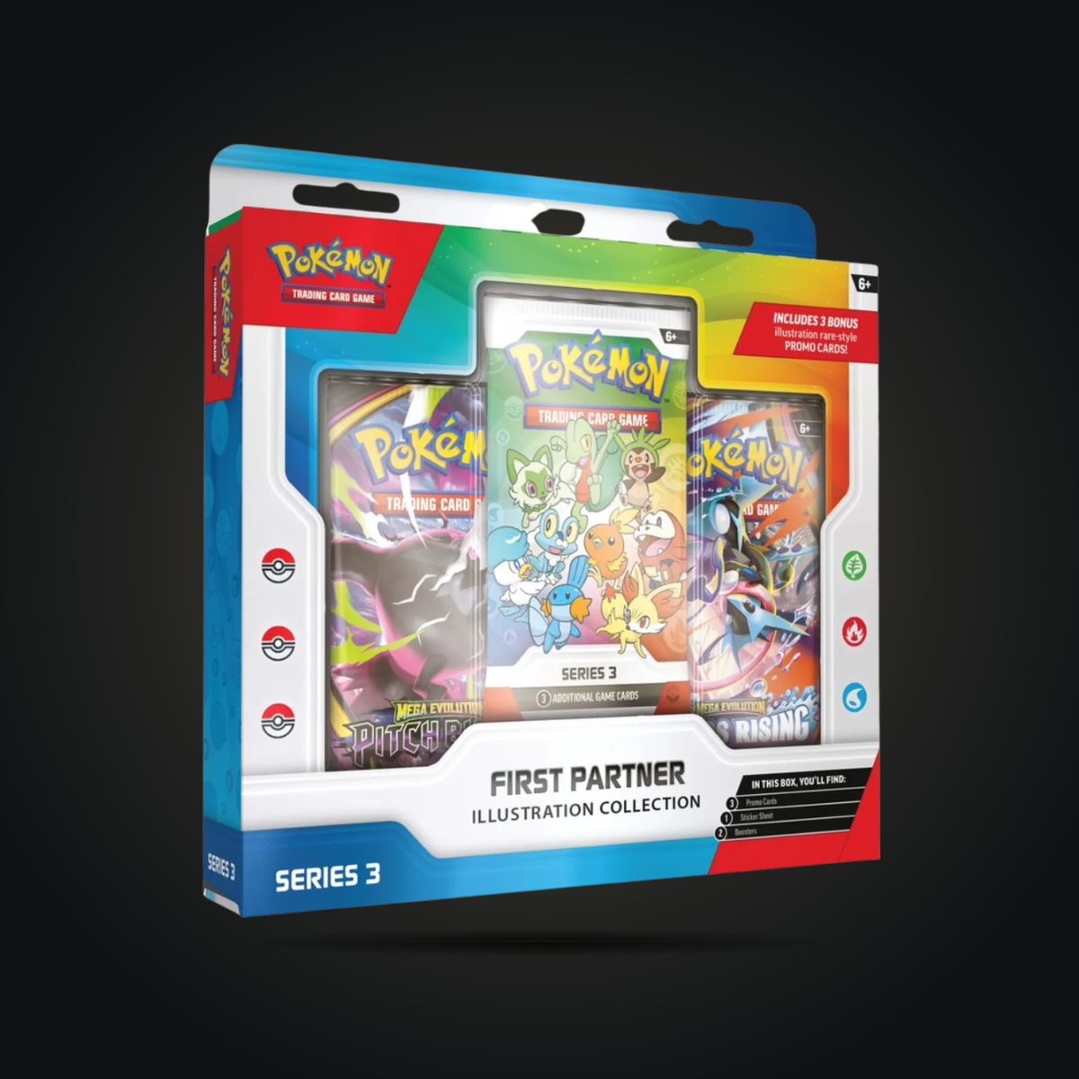 Pokémon TCG First Partner Illustration Collection Series 3 retail box with promo pack and two booster packs