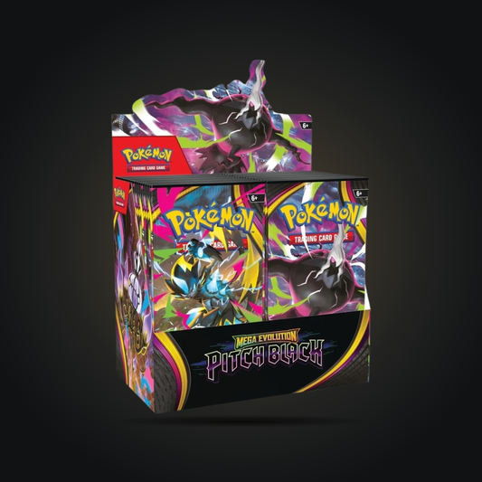 Open Pokémon TCG Mega Evolution Pitch Black Booster Display Box with 36 packs visible