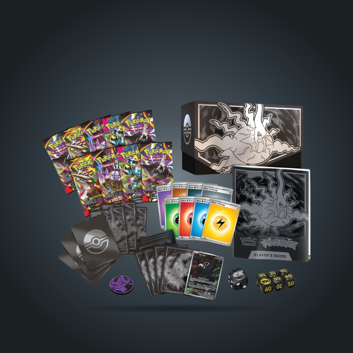 Pokémon TCG Pitch Black Elite Trainer Box contents with packs, Zarude promo, sleeves, Energy cards, dice, and coin