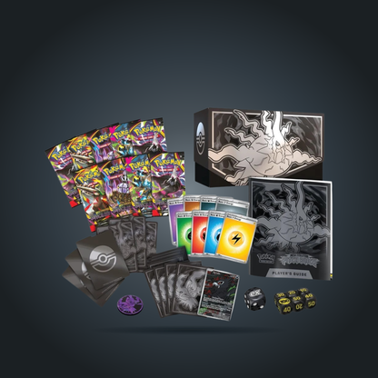 Pokémon TCG Pitch Black Elite Trainer Box contents with packs, Zarude promo, sleeves, Energy cards, dice, and coin